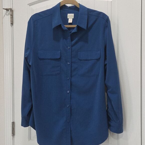 Chico’s Womans Size 2 Button Up Blue Blouse, Tunic - Picture 1 of 5